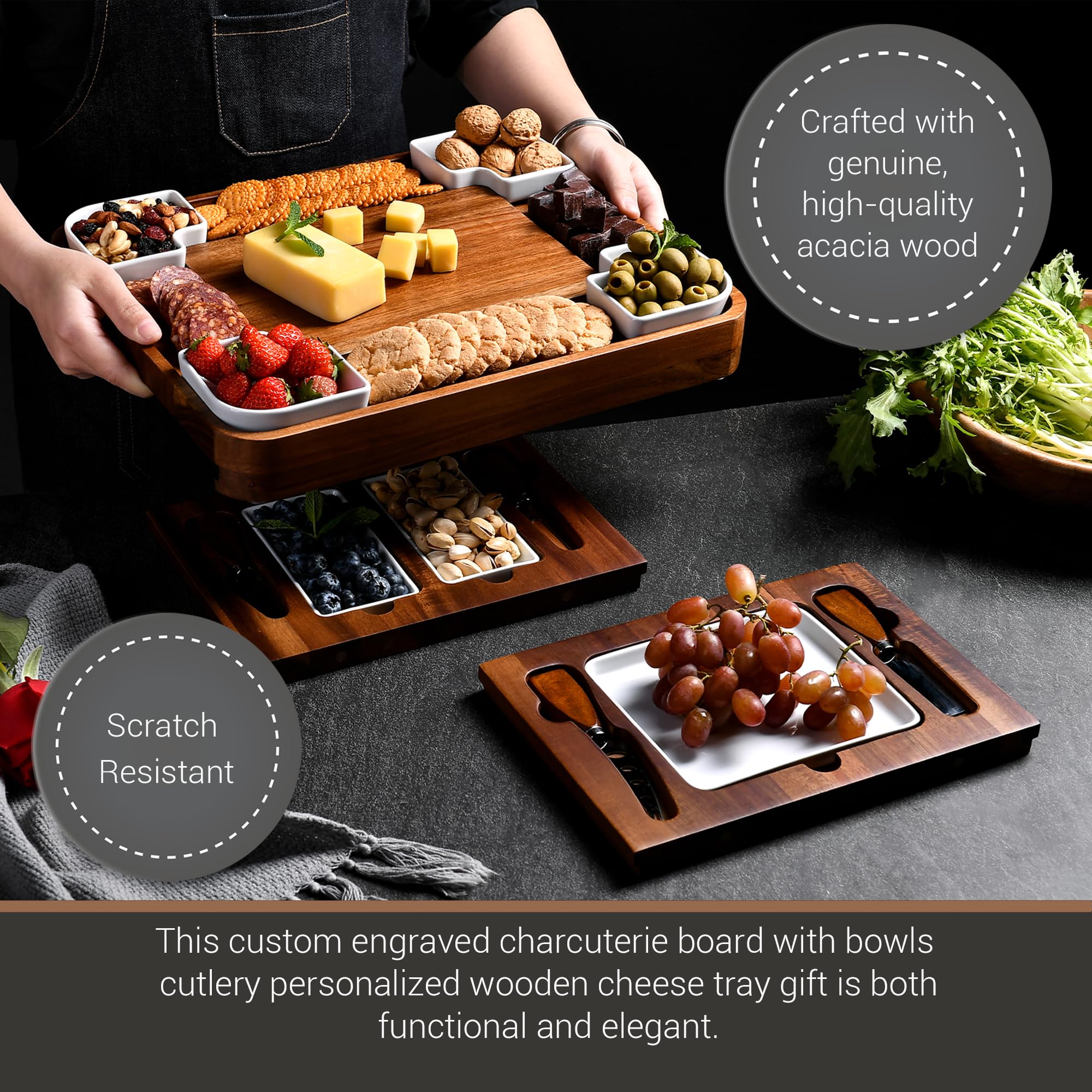 Shanik charcuterie board with removable plates and bowls for versatile appetizers.