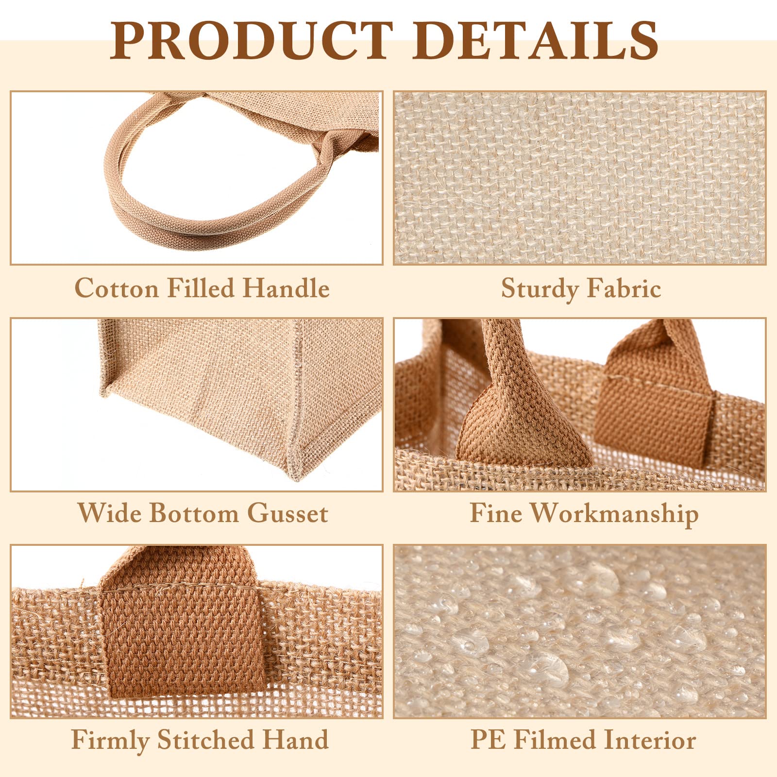 Shappy burlap tote with waterproof inner lining keeps contents dry.