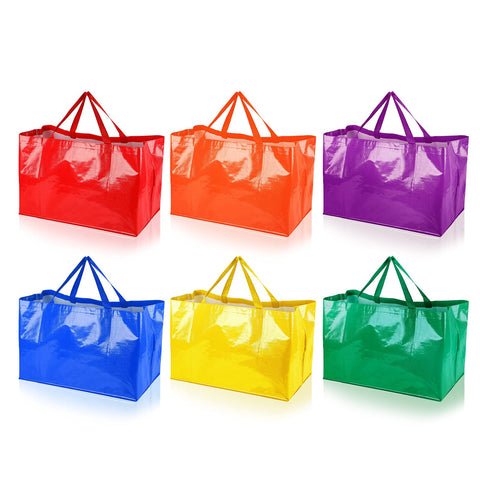 Shappy extra-large bag in rainbow weave, sturdy polypropylene for heavy groceries.