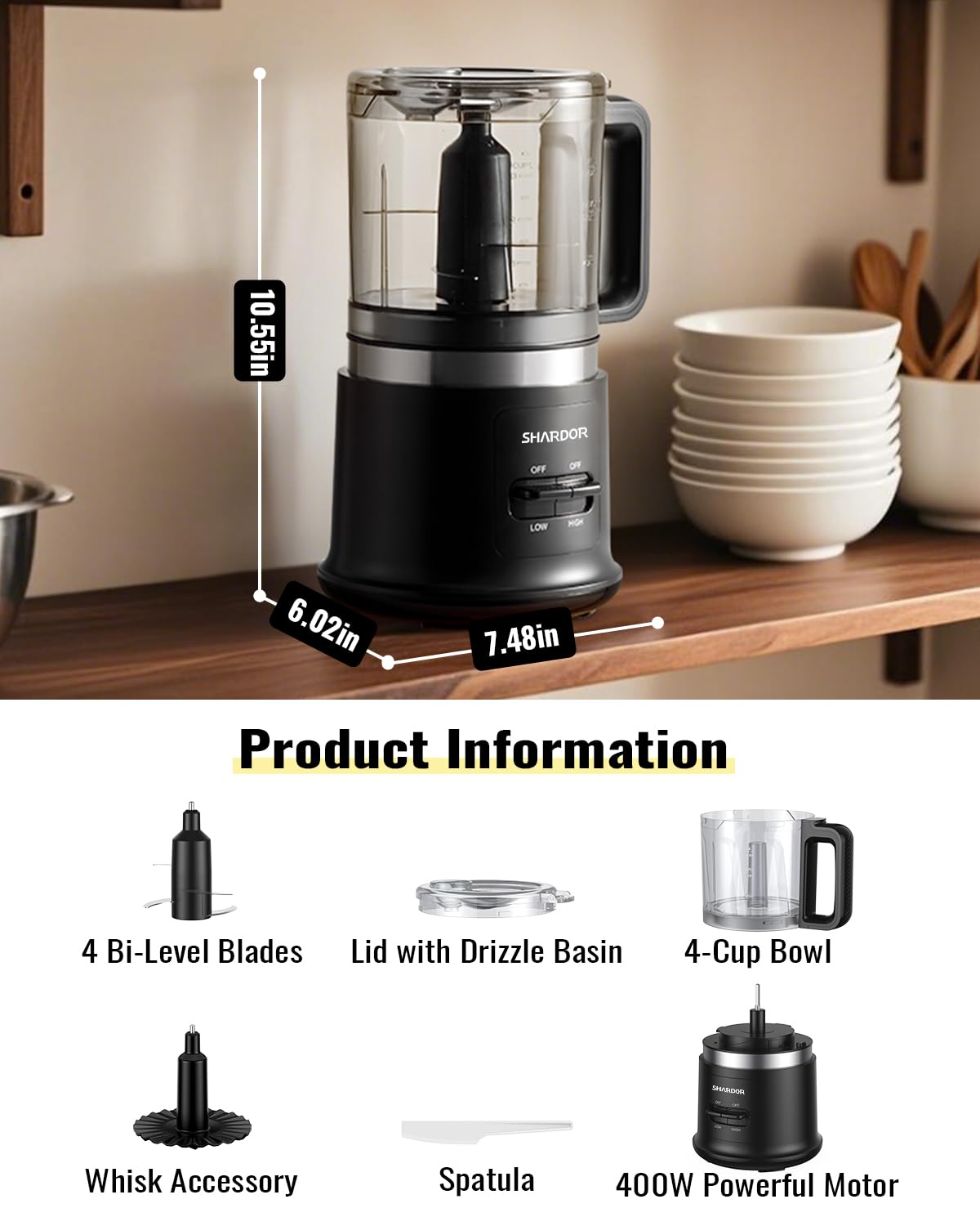 SHARDOR 400W power supports chopping, blending, and whisking