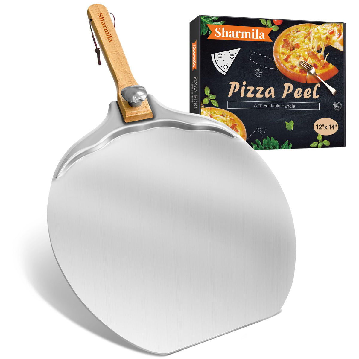 Sharmila 12-inch aluminum pizza peel for smooth dough transfer.