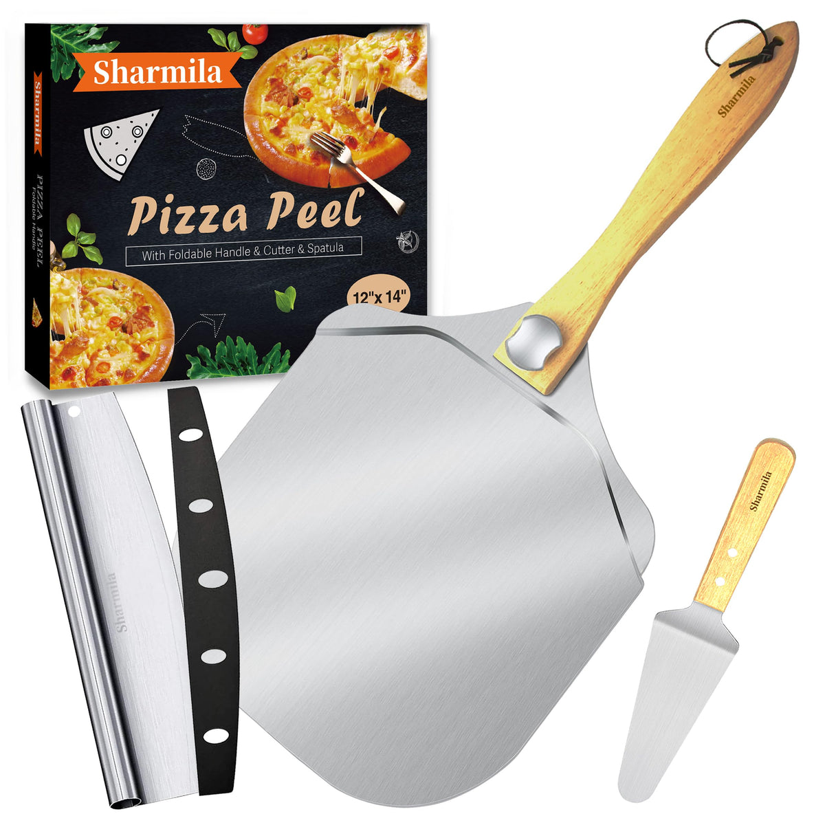 Sharmila 12-inch pizza peel with foldable handle for easy storage and safe transfers.