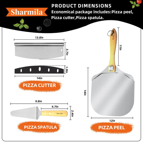 Sharmila aluminum pizza paddle ready for quick oven loading.