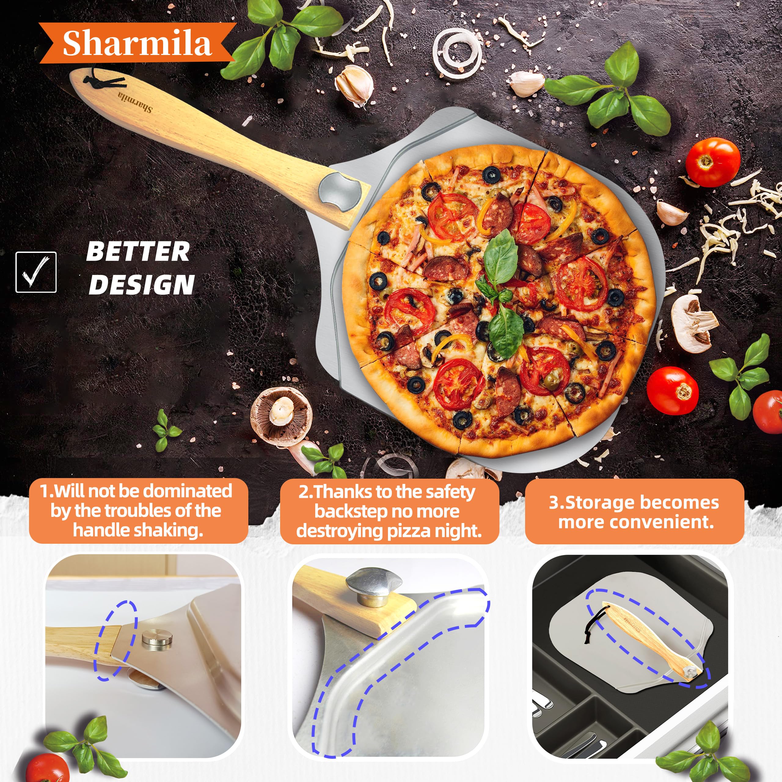 Sharmila rocker cutter cleanly slices pizza with minimal effort.