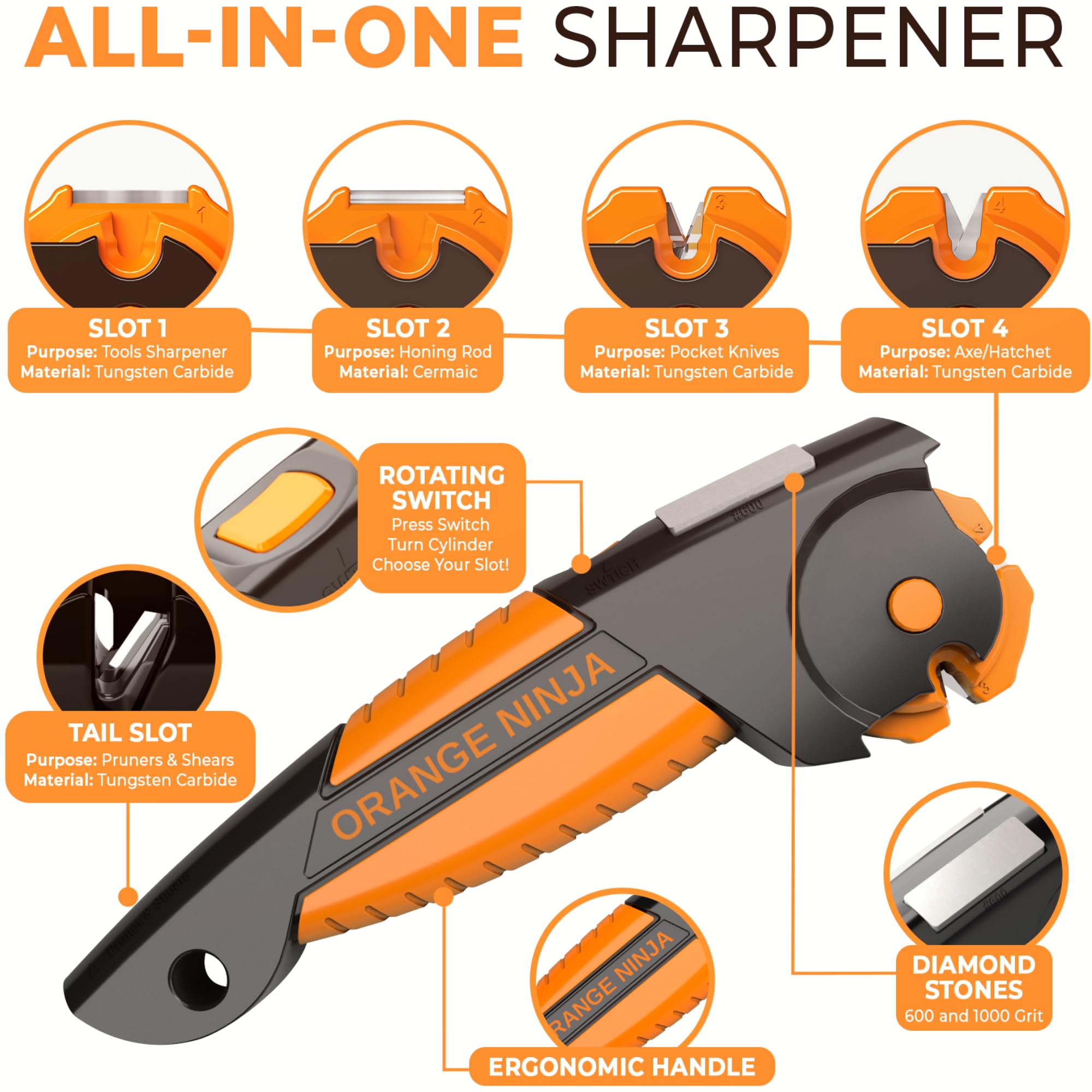 Orange Ninja sharpener sharpening a rugged axe in the field
