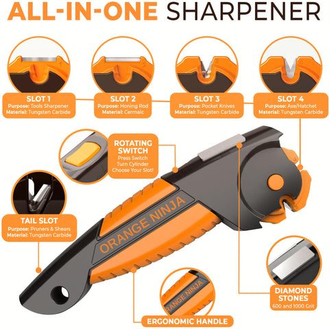 Orange Ninja sharpener sharpening a rugged axe in the field