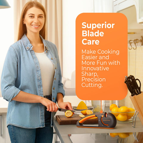 Orange Ninja ergonomic handle with non-slip grip enhances control during sharpening