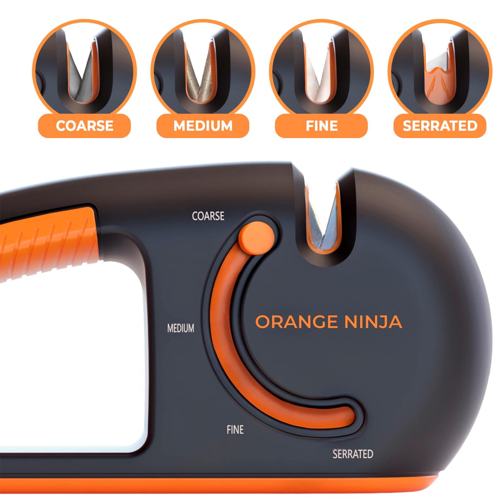Sharp Pebble Orange Ninja four-stage sharpener side view, ergonomic non-slip handle in action