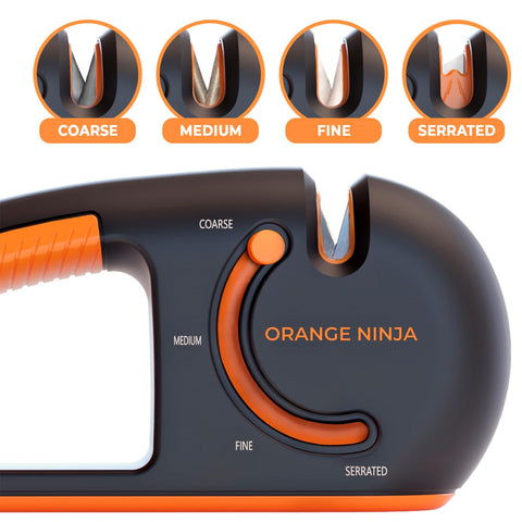Sharp Pebble Orange Ninja four-stage sharpener side view, ergonomic non-slip handle in action
