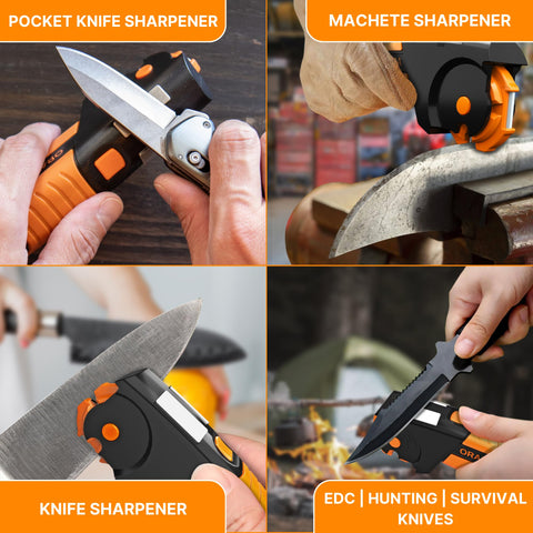 Orange Ninja sharpening lawn mower blade for smoother mowing
