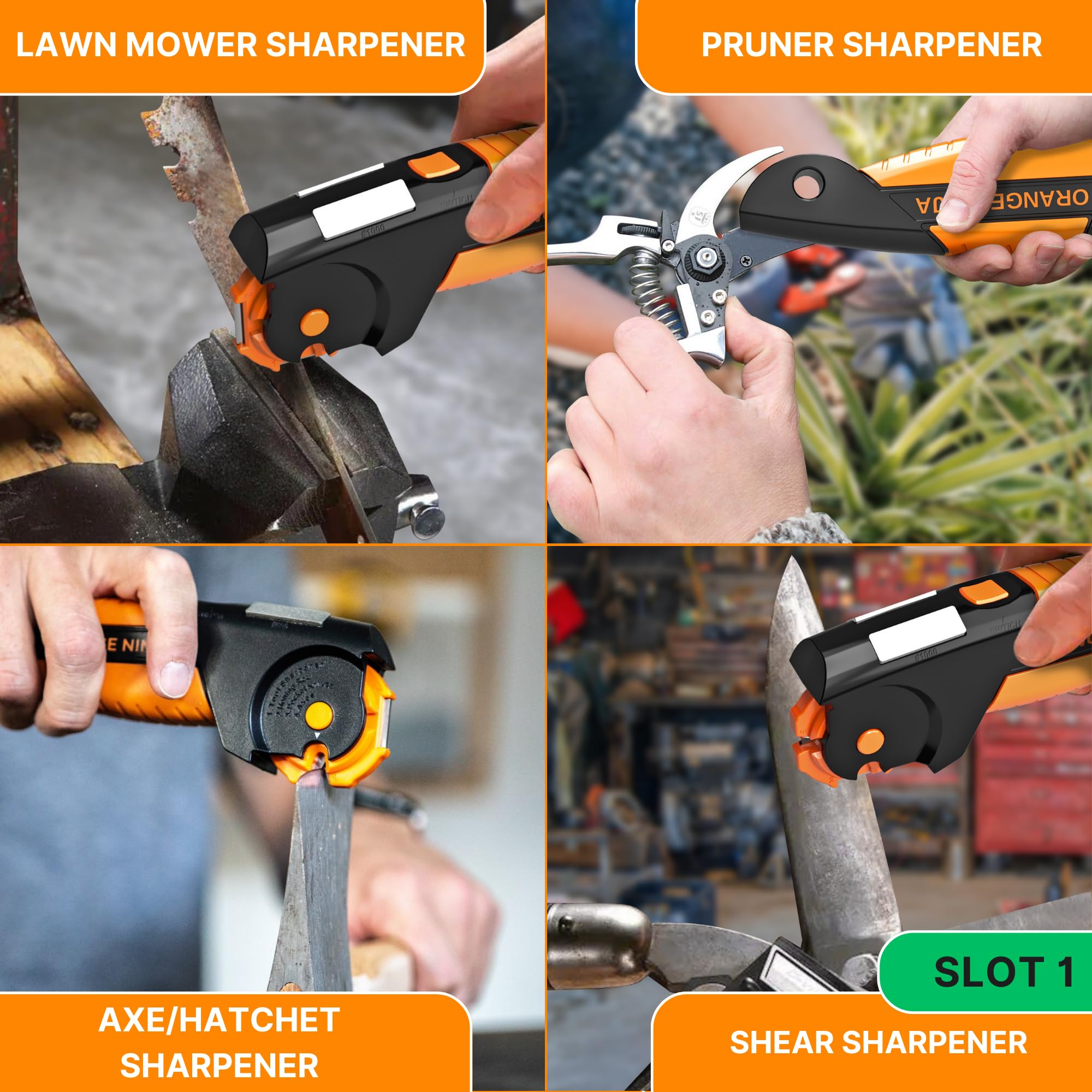 Orange Ninja sharpening pruner and hedge shears for clean cuts