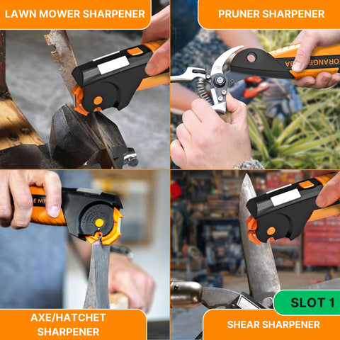 Orange Ninja sharpening pruner and hedge shears for clean cuts