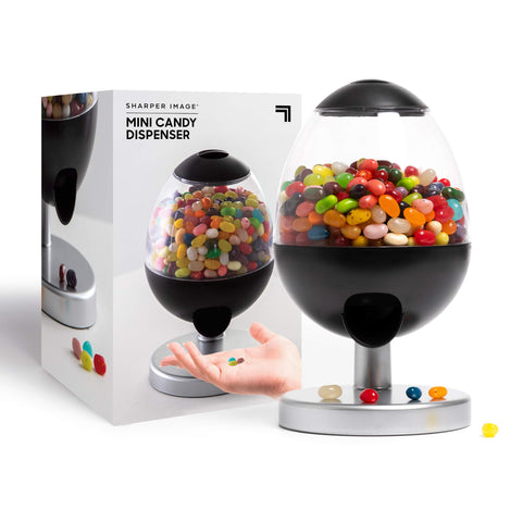 Sharper Image 9-inch mini automatic candy dispenser on a countertop for mess-free snacks.