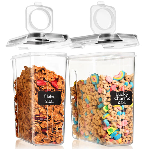 Shazo 2-pack cereal containers with lids keep cereals fresh and neatly organized.