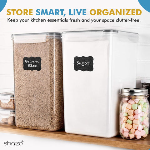 Shazo containers for flour, sugar, rice, pasta keep pantry organized.
