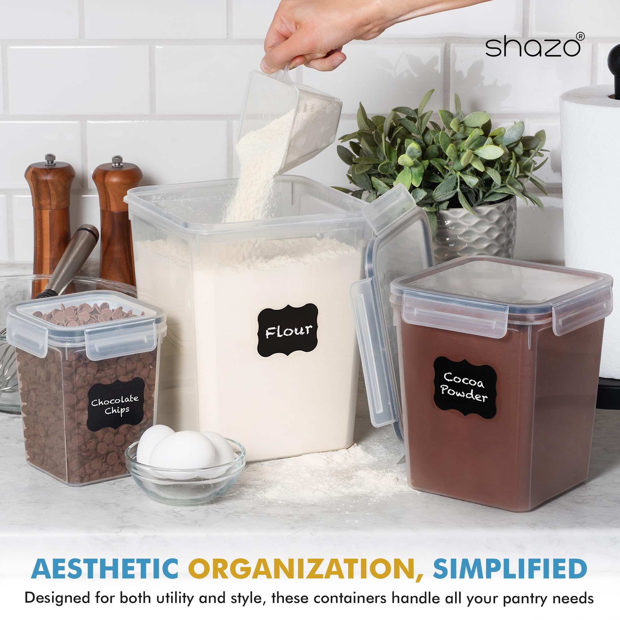 Shazo kitchen storage solution for pasta, grains, and snacks.