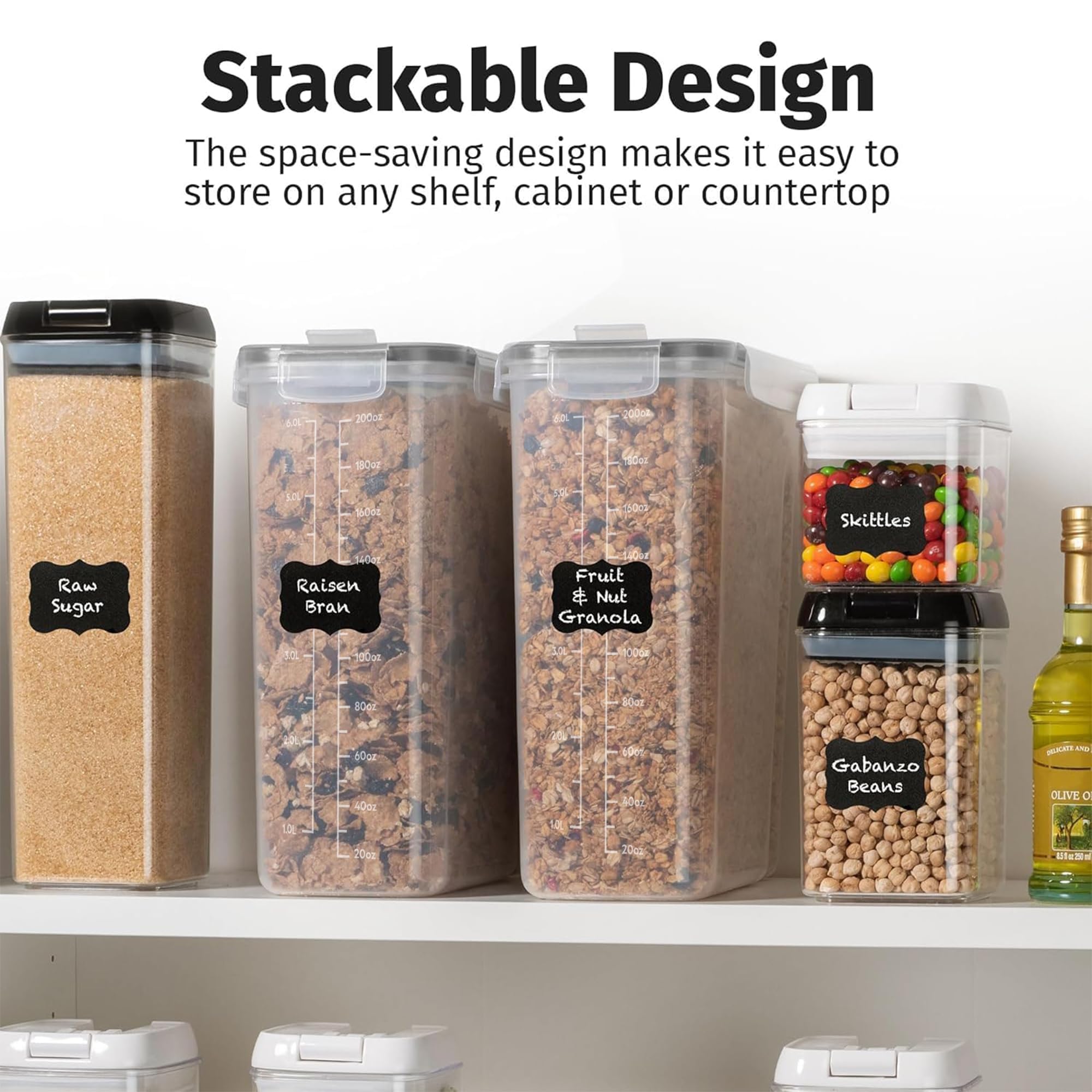 Shazo pantry-ready canister set fits shelves and declutters spaces.
