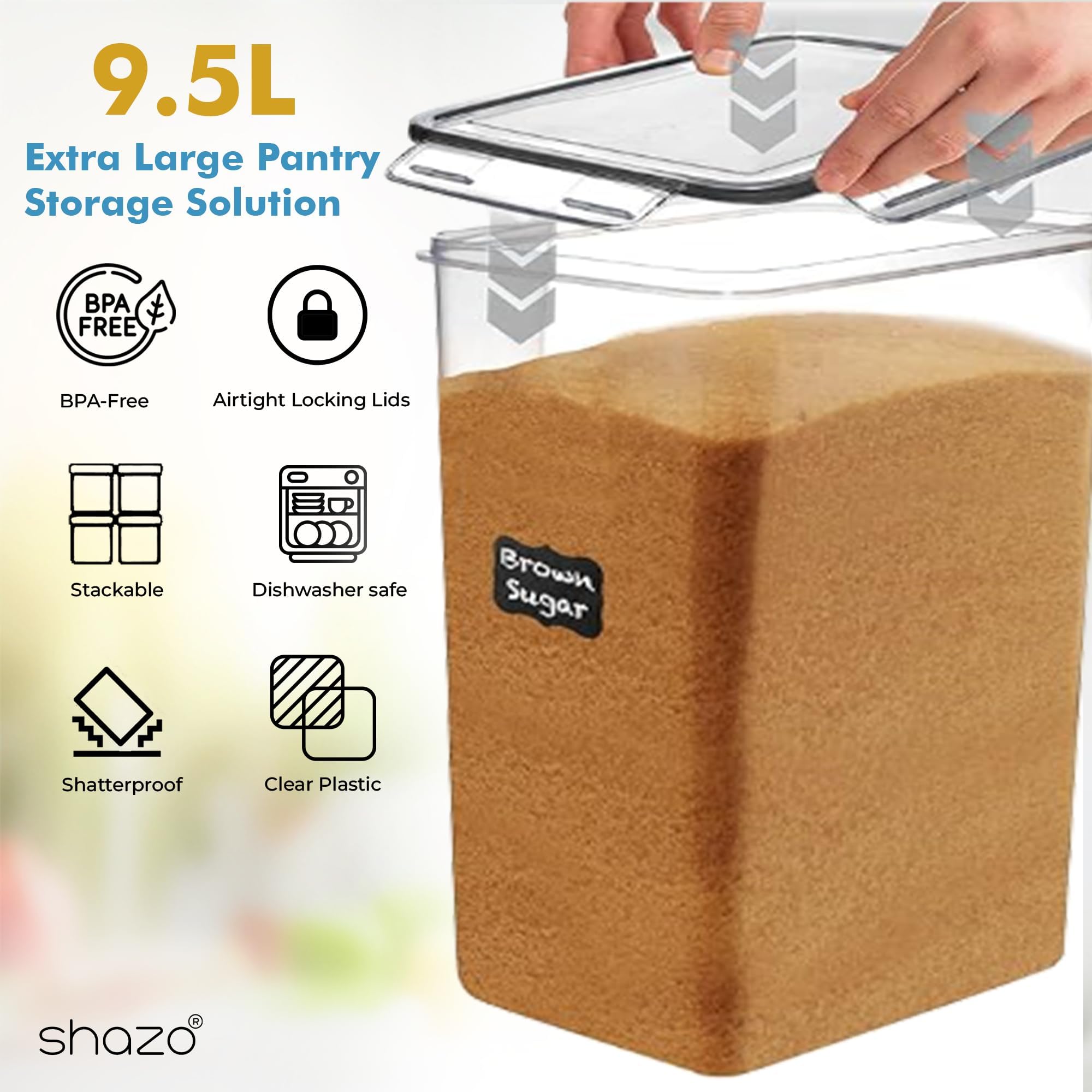 Shazo stackable pantry containers arranged to maximize kitchen space.