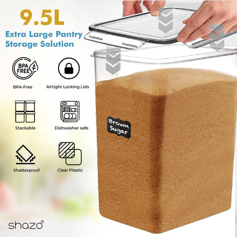 Shazo stackable pantry containers arranged to maximize kitchen space.