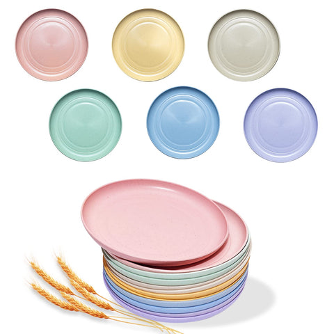 SHECIPIN 12-pack wheat straw plates close-up highlighting BPA-free material and lightweight design