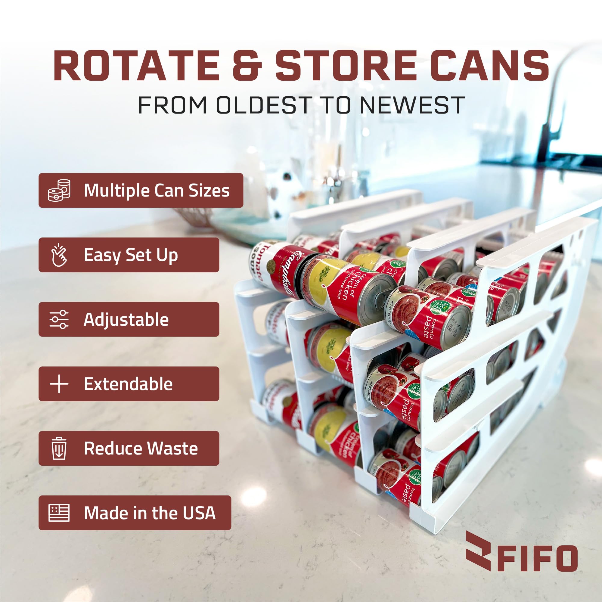 Shelf Reliance durable can rack, USA-made, built to last in busy kitchen.