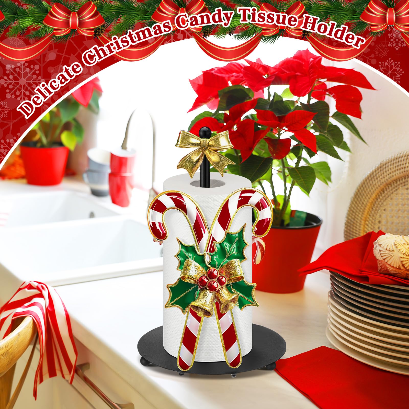 Shellwei candy cane paper towel holder measures 12.6 by 7.1 inches for standard rolls.