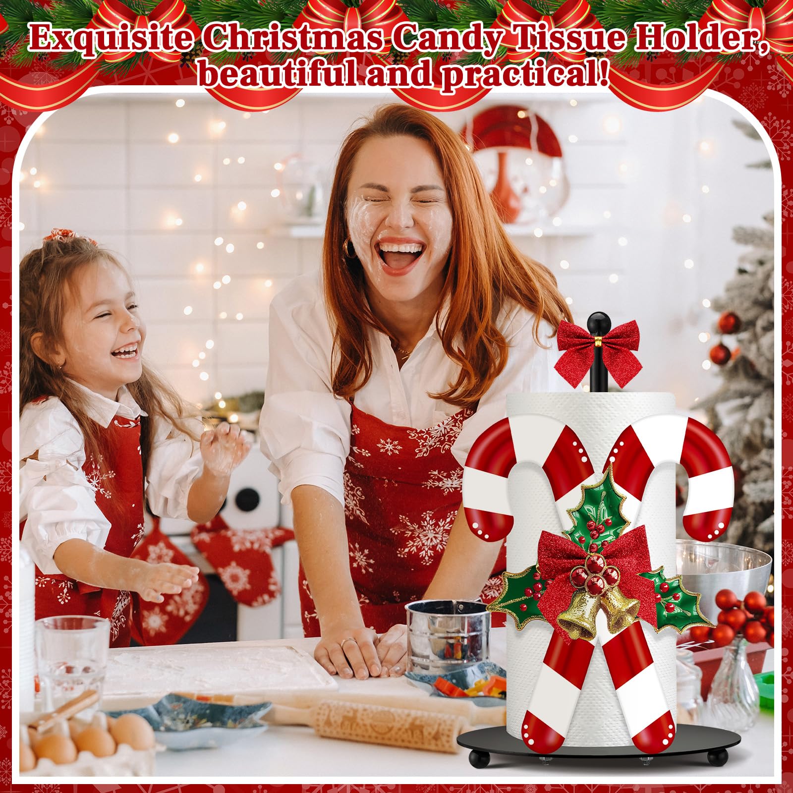 Shellwei candy cane holder with holly bow enhances holiday ambiance and accessibility.