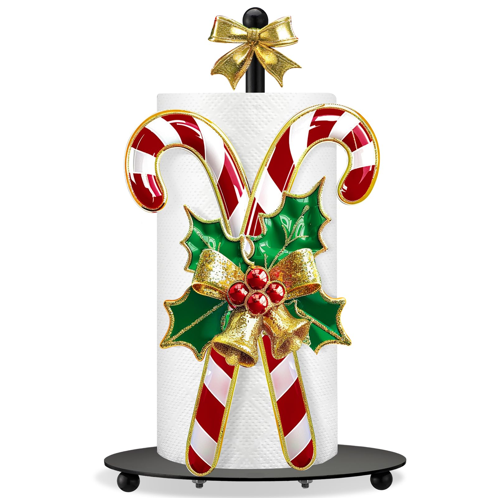 Shellwei candy cane paper towel holder in red on a countertop adds festive charm and stability.