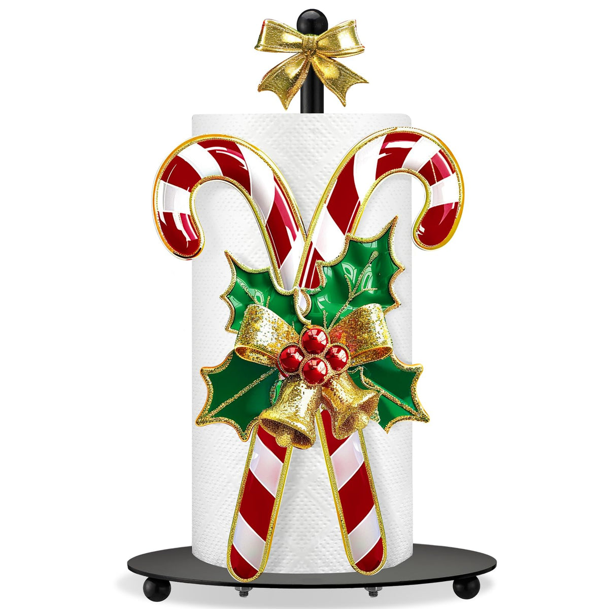 Shellwei candy cane paper towel holder in red on a countertop adds festive charm and stability.