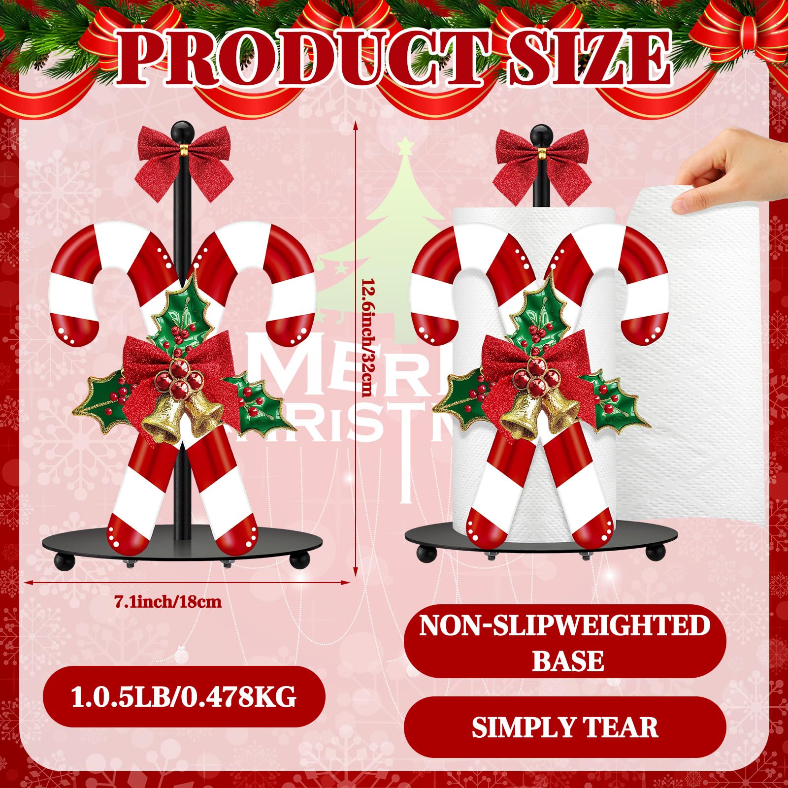 Shellwei candy cane paper towel holder atop red bow adds festive charm and practicality.