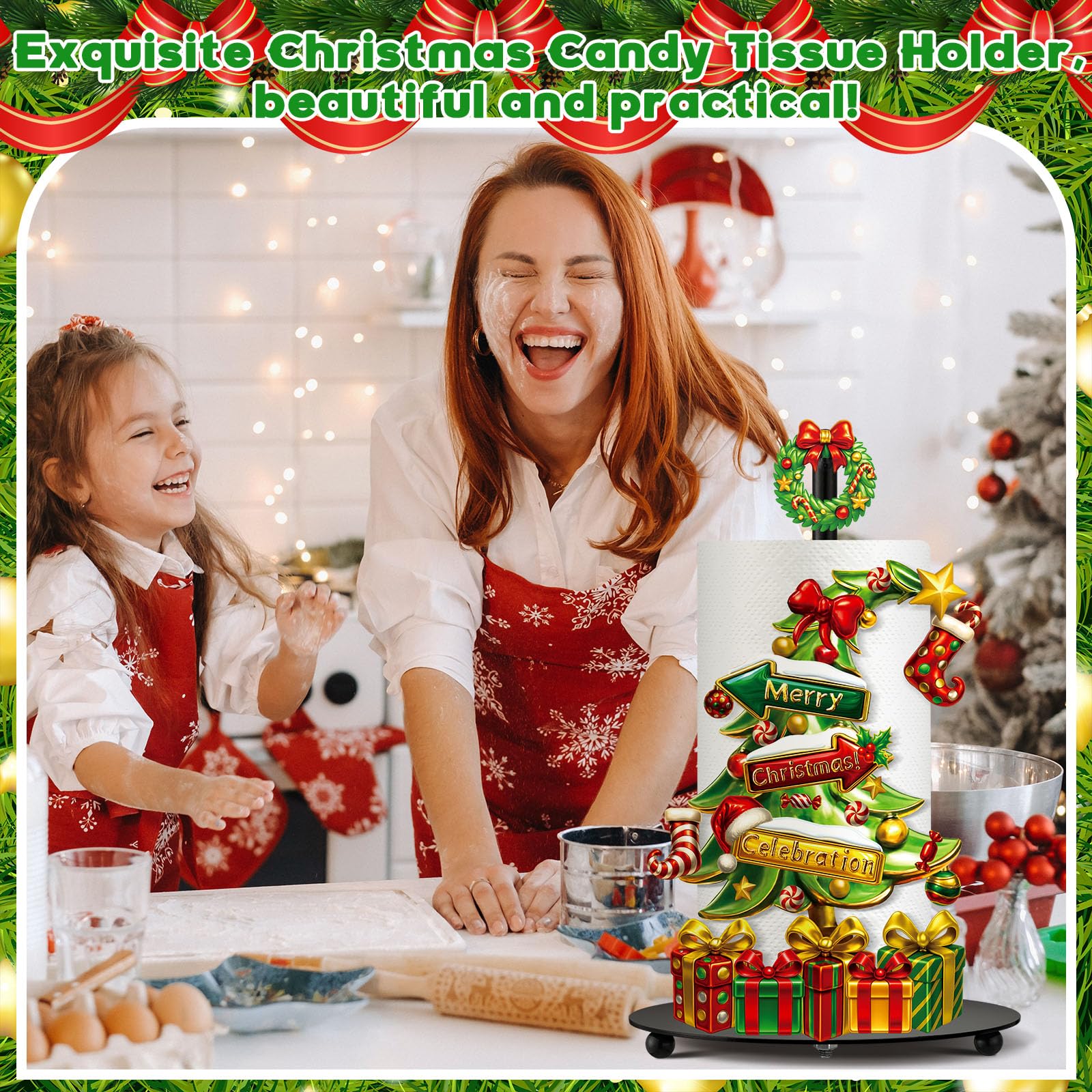 Shellwei lime green Christmas tree towel holder on countertop for easy access