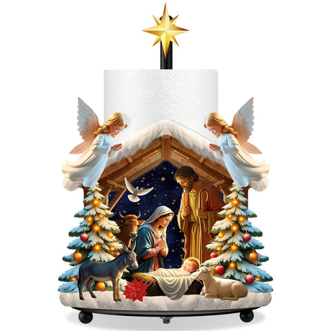 Shellwei nativity scene paper towel holder with weighted base for kitchen stability.