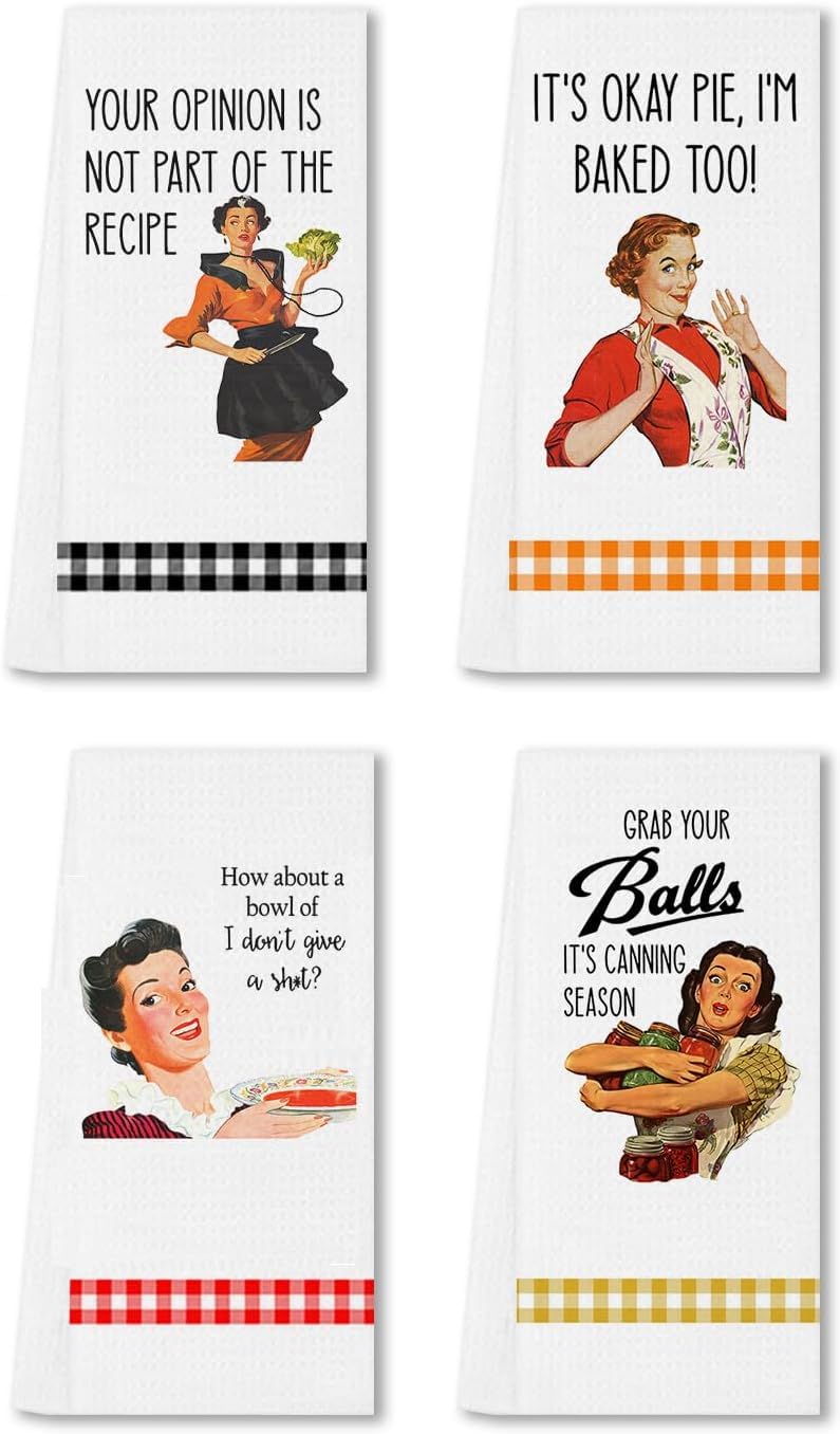 SHIMANY funny kitchen towels set with retro prints for playful kitchen decor and drying dishes.