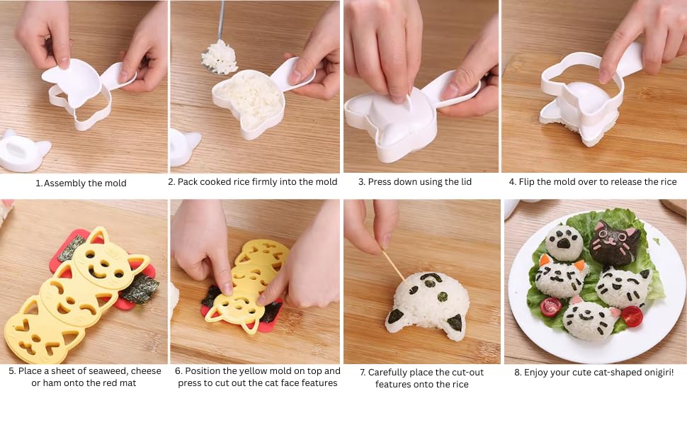 SHIMANY Onigiri cat mold includes nori cutter for neat seaweed accents.