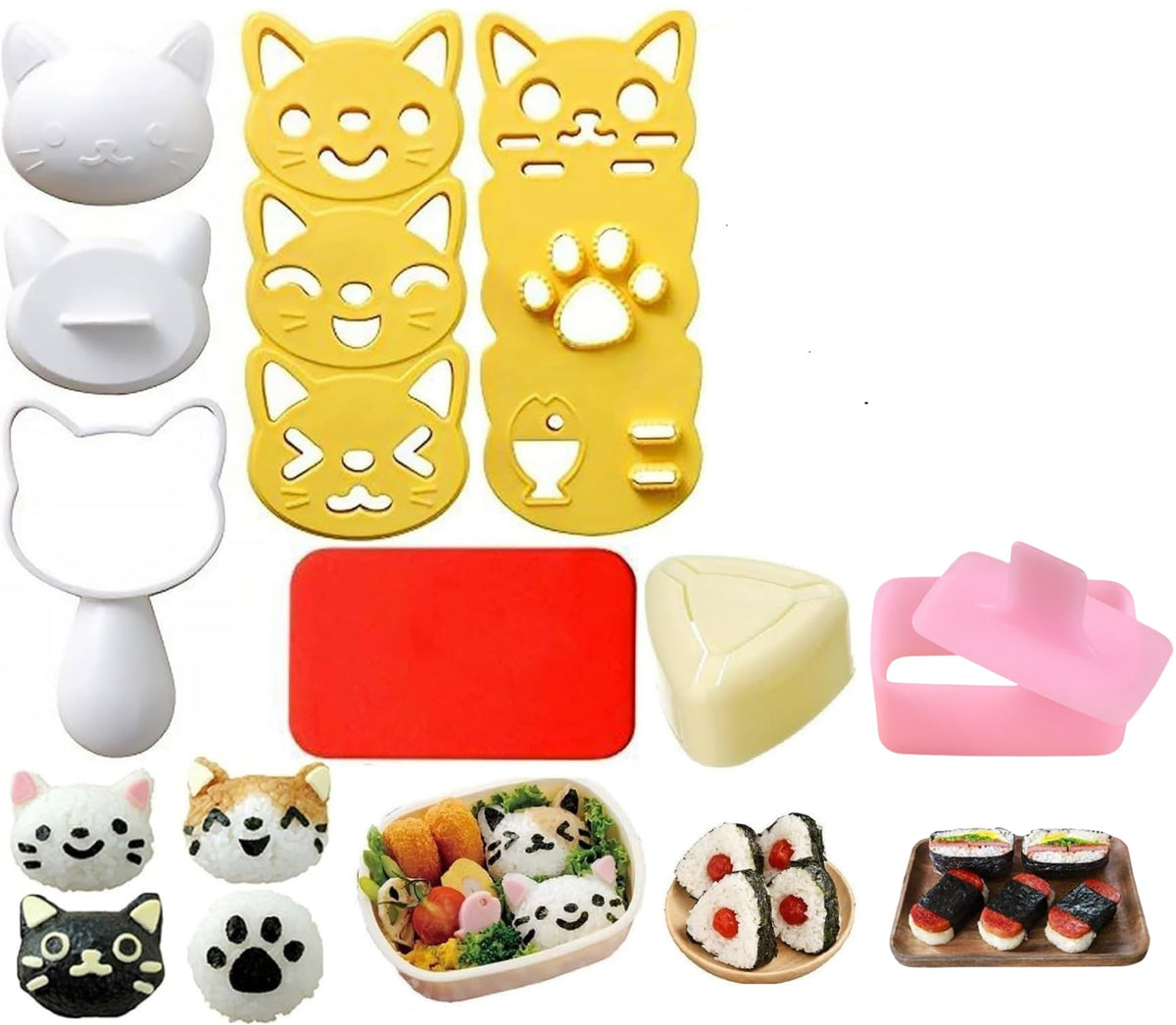 SHIMANY Onigiri cat mold set front view, playful shapes for kid-friendly lunches.