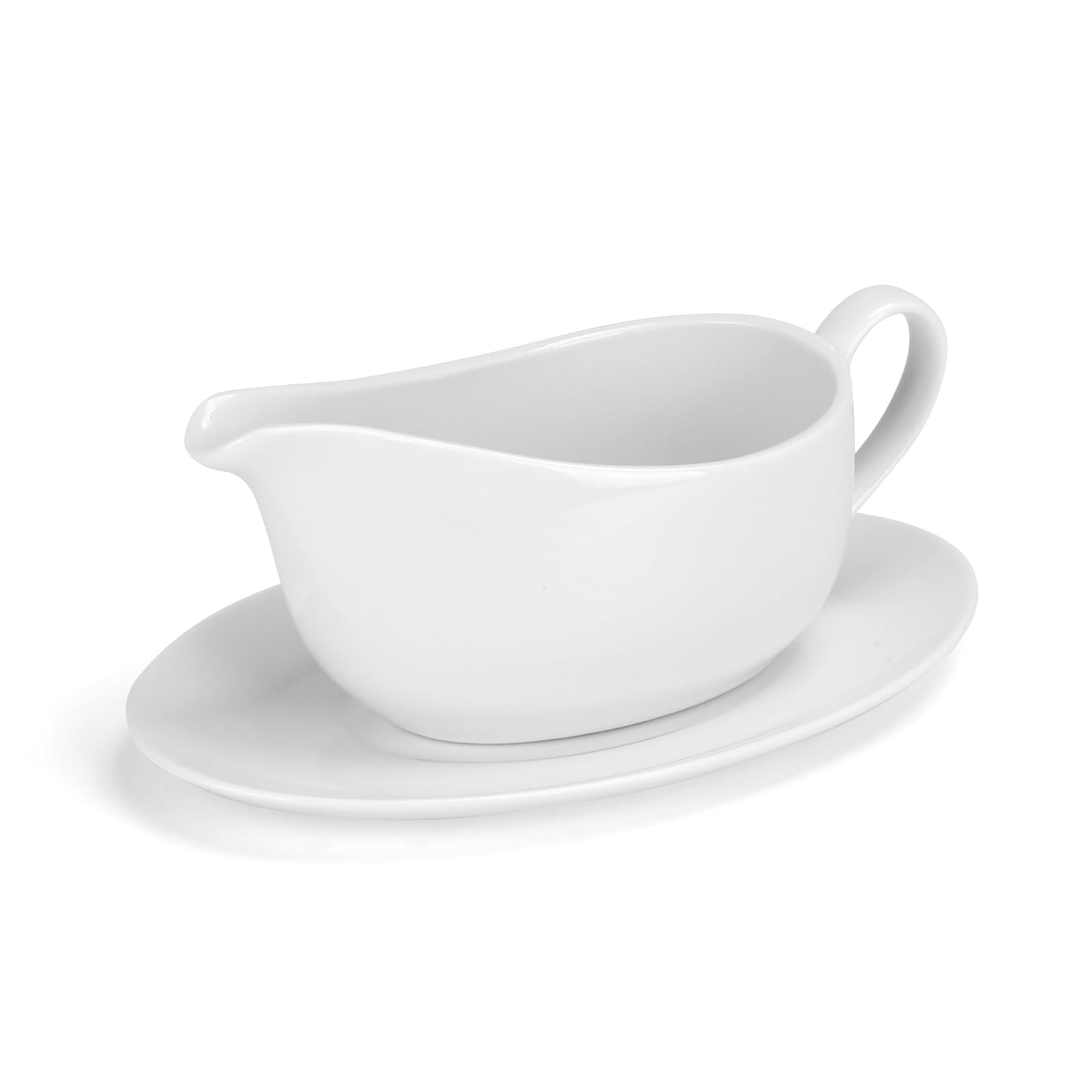 ShineMe gravy boat with saucer for drip-free serving of gravies and sauces.