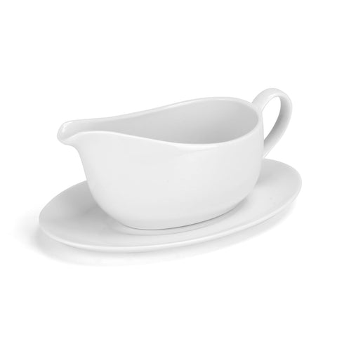 ShineMe gravy boat with saucer for drip-free serving of gravies and sauces.