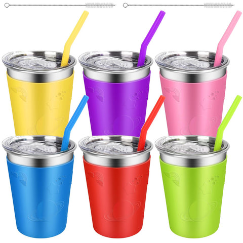 ShineMe toddler cups with colorful silicone sleeves for easy grip and quick identification.