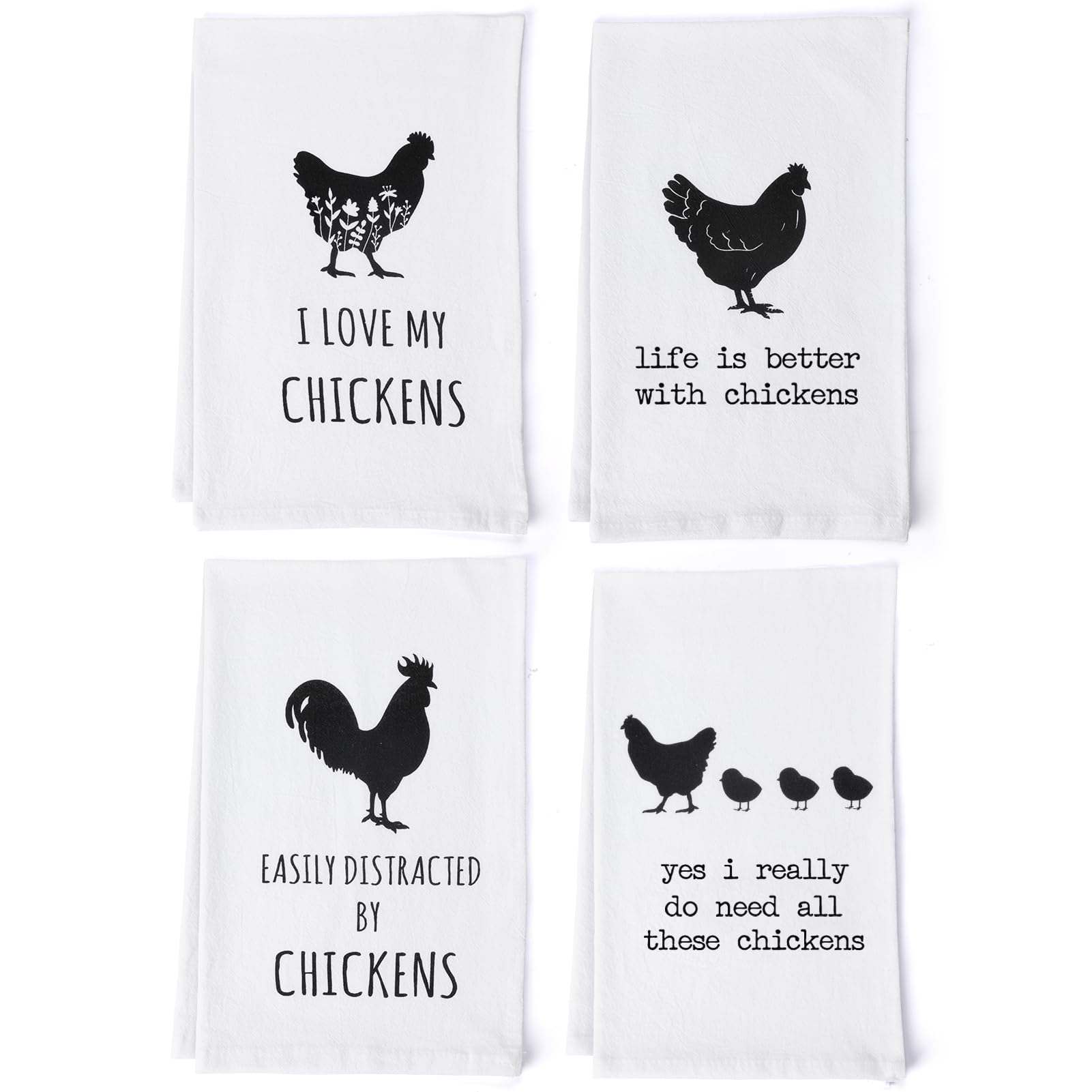 Shinlar Chicken Towels Set 4 front view with four farmhouse designs, ideal for kitchen decor