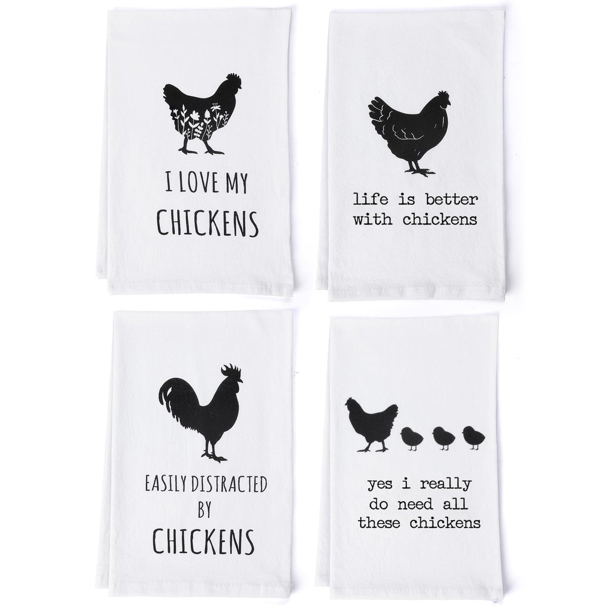 Shinlar Chicken Towels Set 4 front view with four farmhouse designs, ideal for kitchen decor