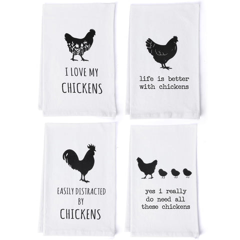 Shinlar Chicken Towels Set 4 front view with four farmhouse designs, ideal for kitchen decor