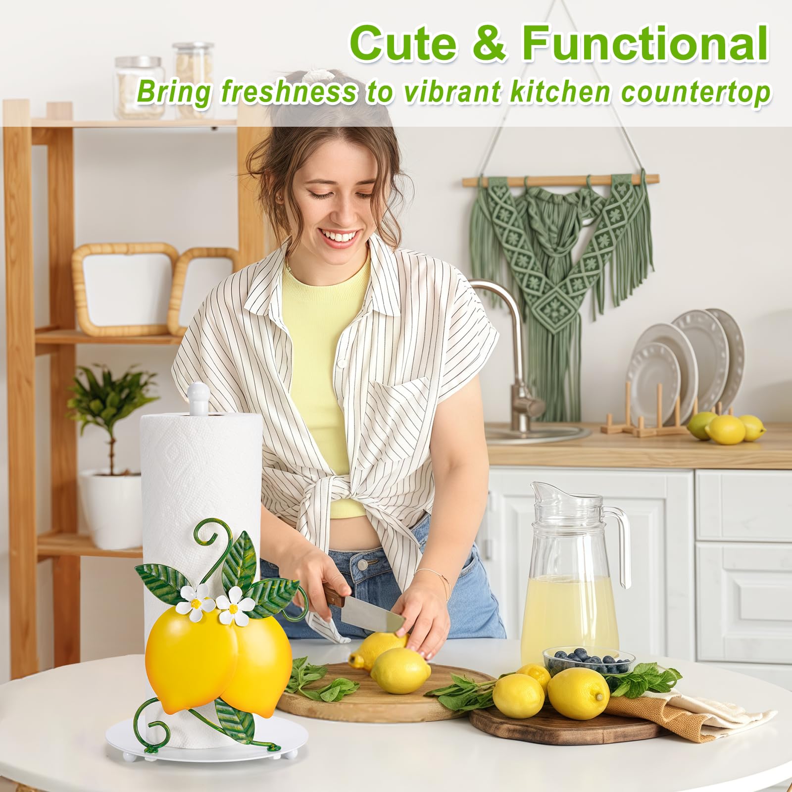 Shinlar Lemon paper towel holder complements farmhouse decor with sunny charm.
