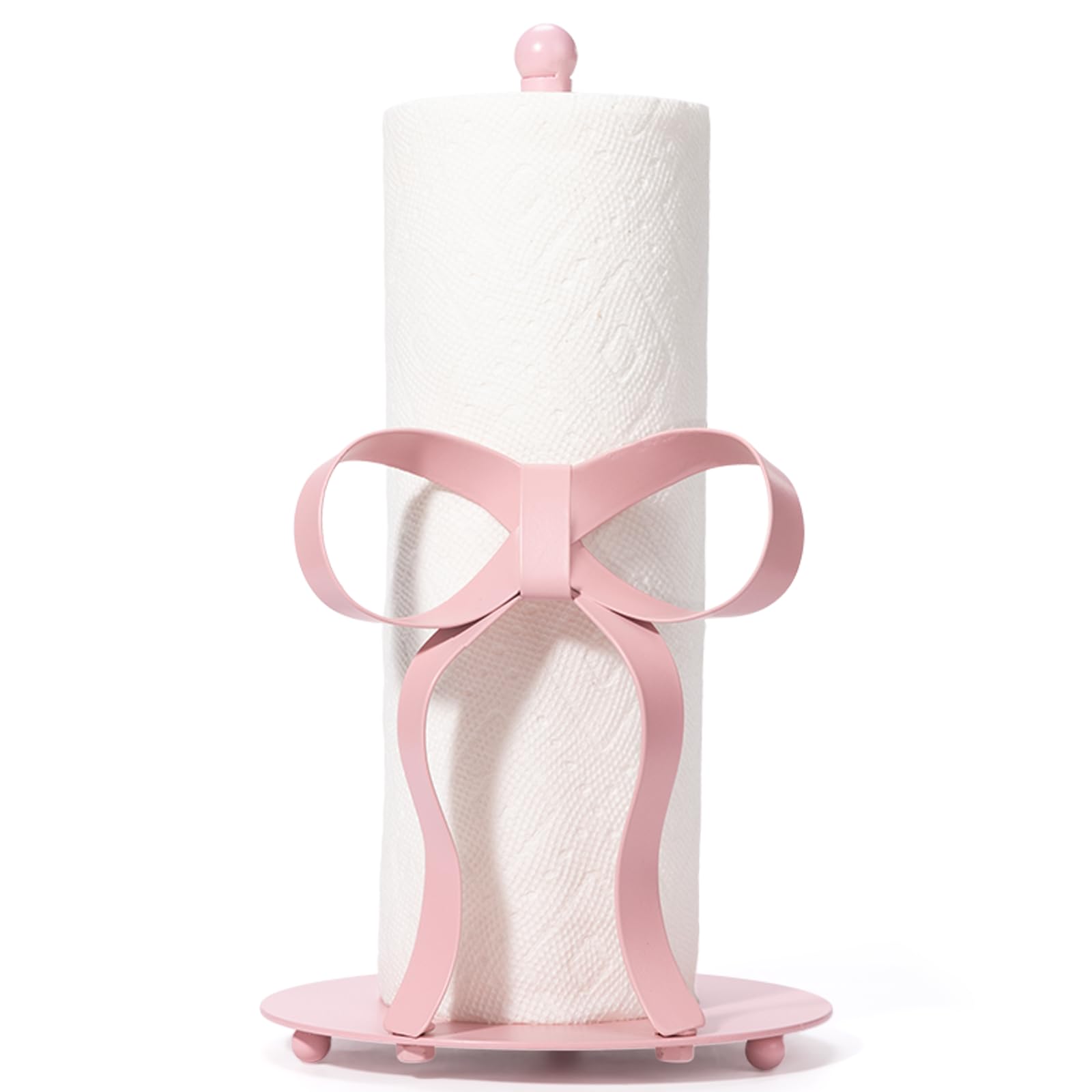Shinlar pink bow paper towel holder viewed from top view shows a stable, stylish base