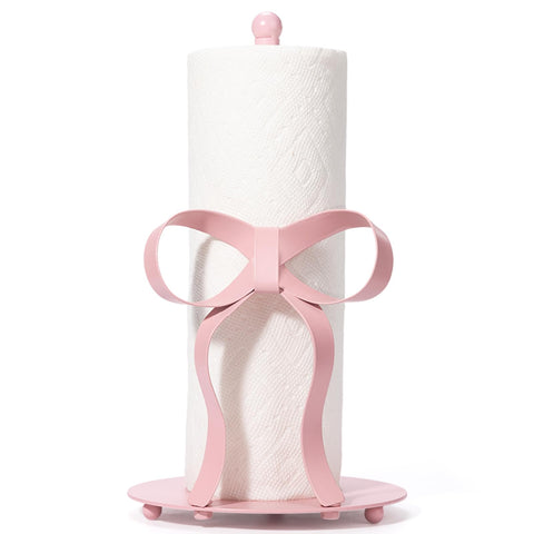 Shinlar pink bow paper towel holder viewed from top view shows a stable, stylish base