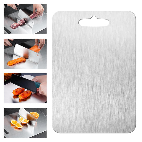 Shiria titanium cutting board, double-sided top view, durable surface for versatile prep.