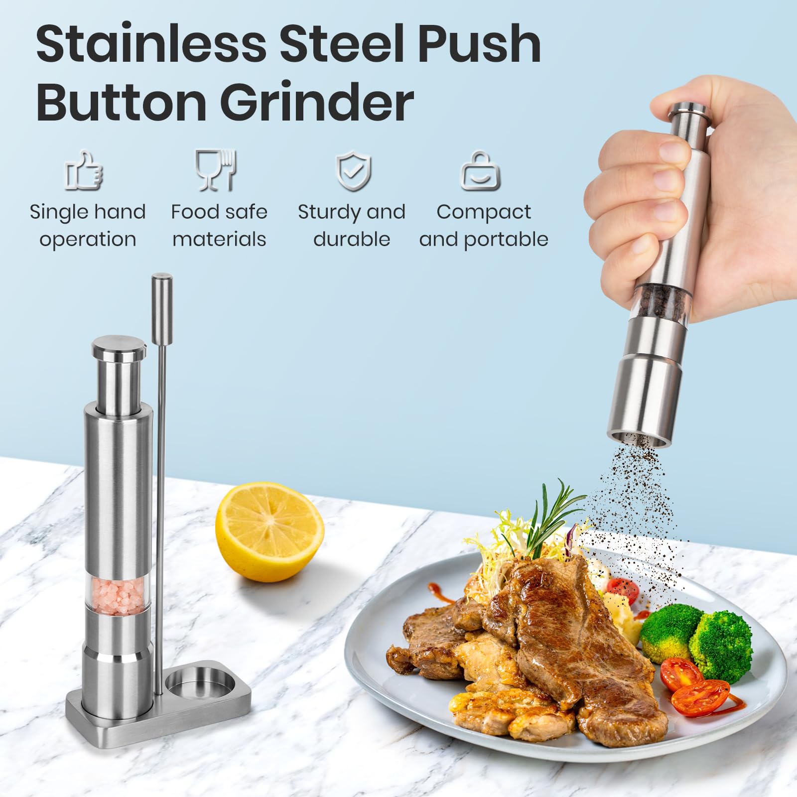 Shker mini salt grinders with thumb-press in action for quick seasoning.