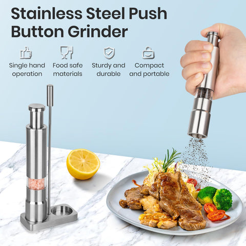 Shker mini salt grinders with thumb-press in action for quick seasoning.