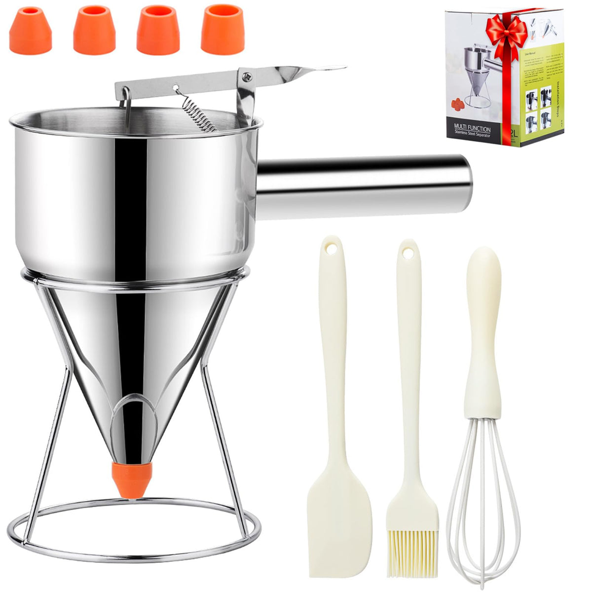 shofilt 20oz batter dispenser with handle and lever enables precise pouring of batters.