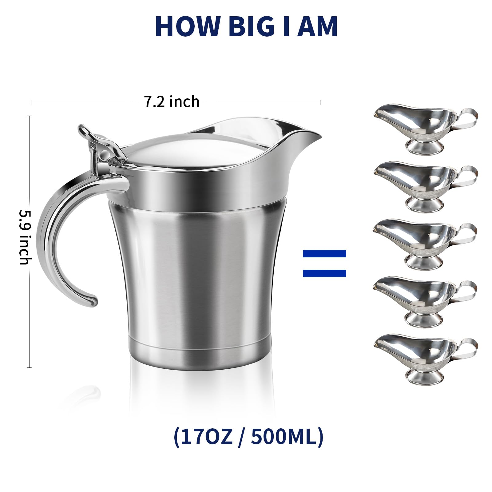 Shofilt stainless steel gravy boat with hinged lid for easy refills.