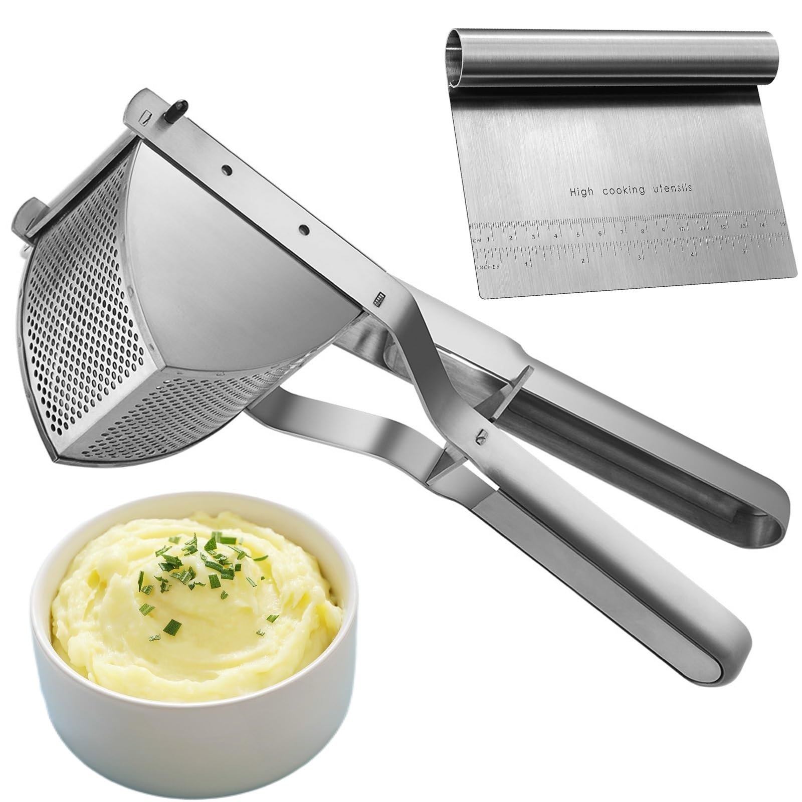 shofilt stainless steel potato ricer in use for fluffy mashed potatoes